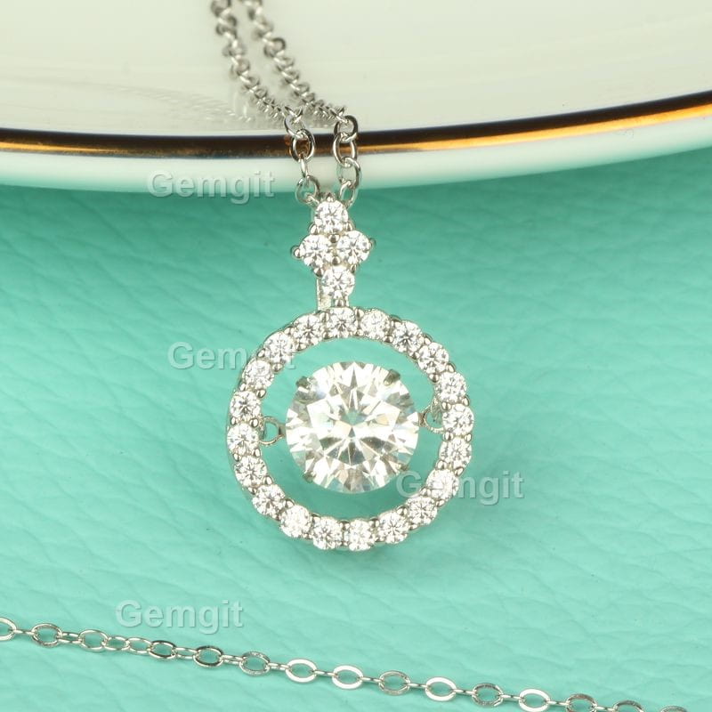 1CT Moving Twinkle Halo Round Moissanite Necklace for Women