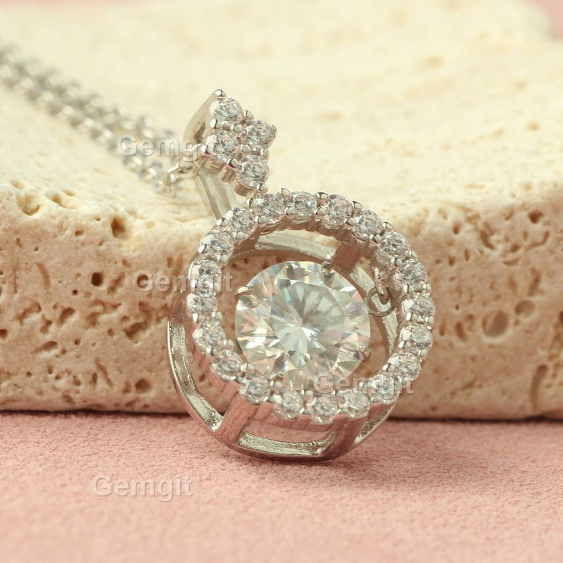 1CT Moving Twinkle Halo Round Moissanite Necklace for Women