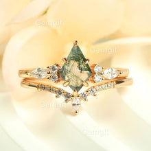 Load image into Gallery viewer, 2 Pieces Green Moss Agate Engagement Ring Set for Women|6*9mm