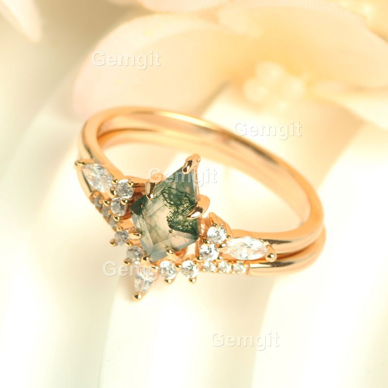 2 Pieces Green Moss Agate Engagement Ring Set for Women|6*9mm