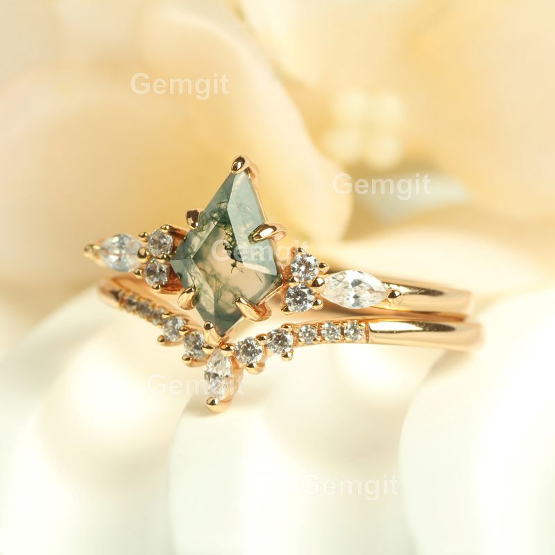 2 Pieces Green Moss Agate Engagement Ring Set for Women|6*9mm