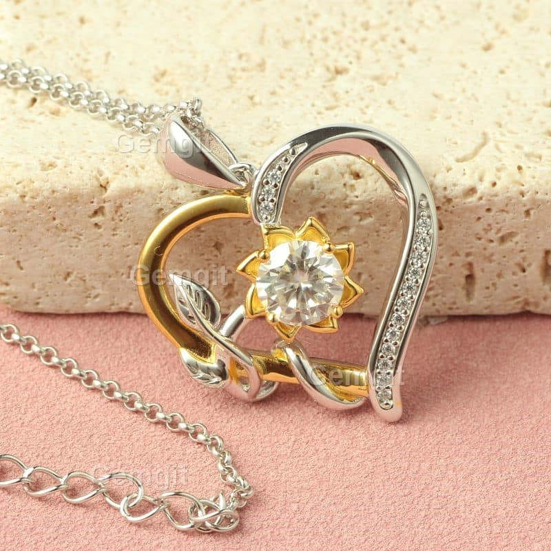 1CT Moissanite Heart Flower Necklace in 925 Sterling Silver