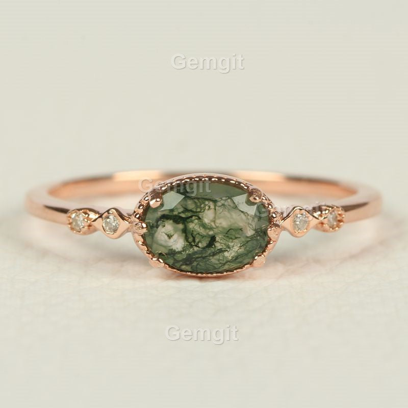 Female Rose Gold Oval Moss Agate Ring