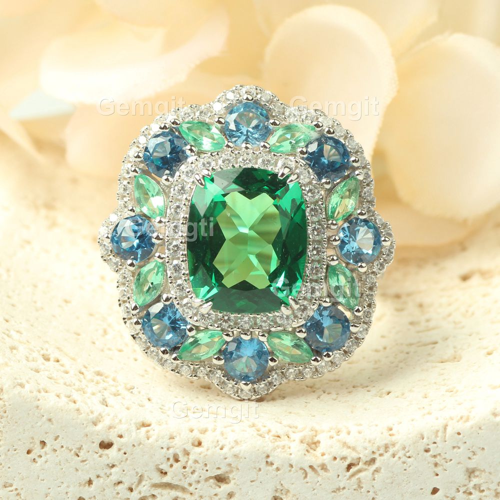 4CT Halo Green Emerald Tourmaline Ring for Women|8*10mm