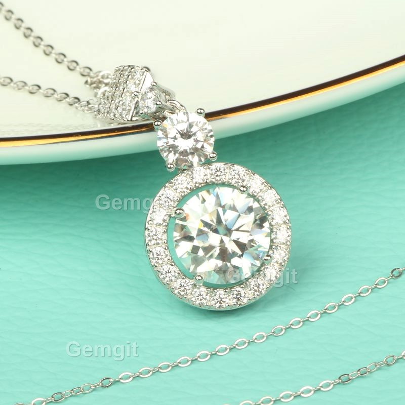 5CT Moissanite Halo Round Moissanite Necklace in 925 Sterling Silver